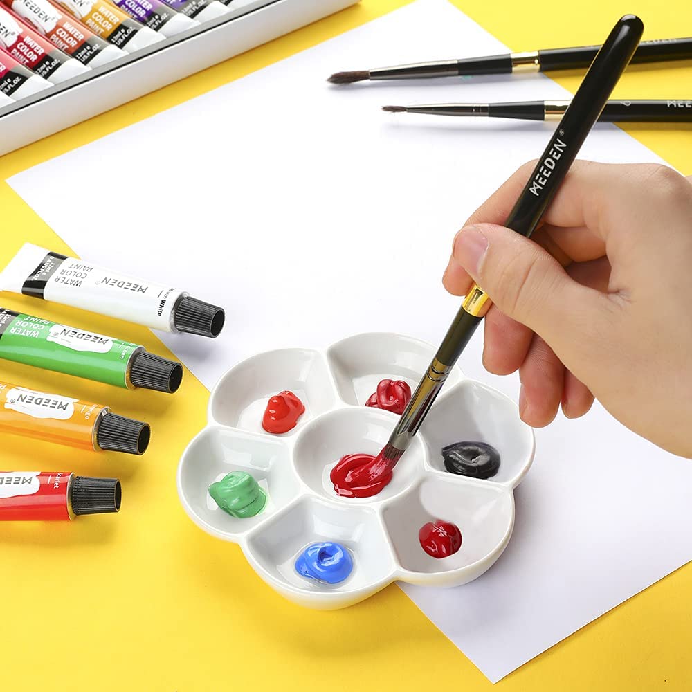 MEEDEN 7-Well Studio Porcelain Paint Palette Tray,Artist Mixing Colour Tray by 4-3/4 Inches for Watercolor Gouache Painting,Round,White