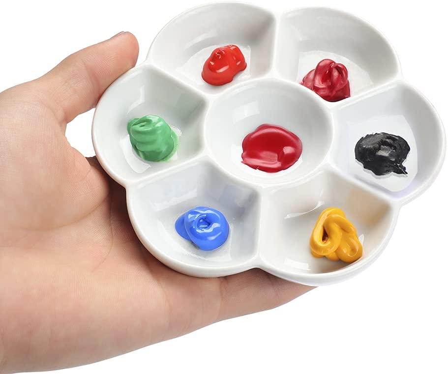 MEEDEN 7-Well Studio Porcelain Paint Palette Tray,Artist Mixing Colour Tray by 4-3/4 Inches for Watercolor Gouache Painting,Round,White