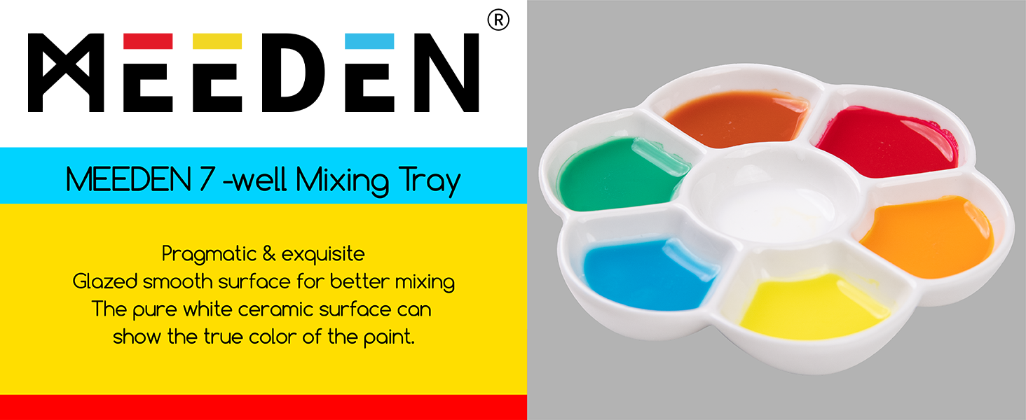 MEEDEN 7-Well Studio Porcelain Paint Palette Tray,Artist Mixing Colour Tray by 4-3/4 Inches for Watercolor Gouache Painting,Round,White