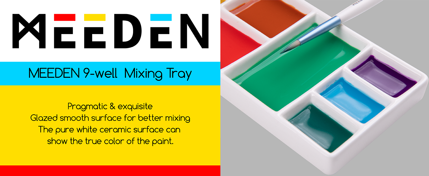 MEEDEN 9-Well News Ceramic Rectangle Artist Paint Palette for Watercolor Gouache Acrylic Oil Painting, 6-4/5 by 3-1/3-Inch
