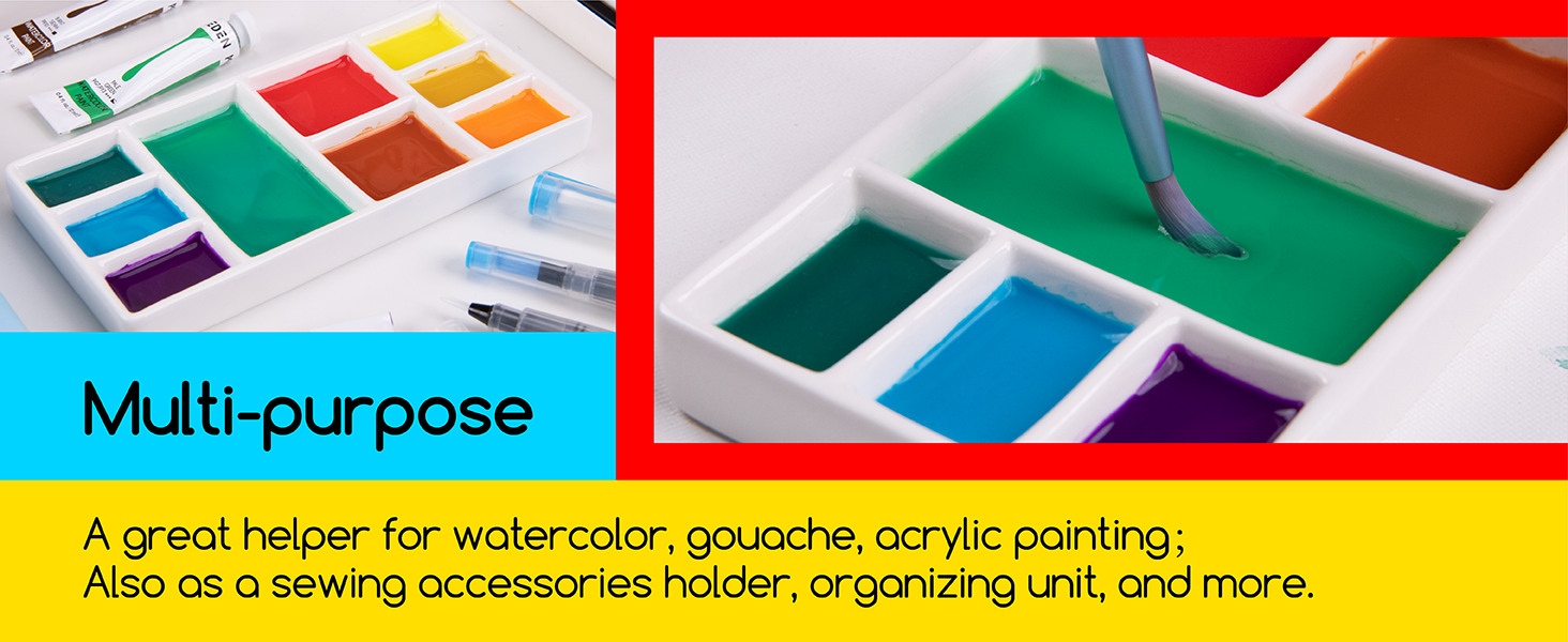 MEEDEN 9-Well News Ceramic Rectangle Artist Paint Palette for Watercolor Gouache Acrylic Oil Painting, 6-4/5 by 3-1/3-Inch