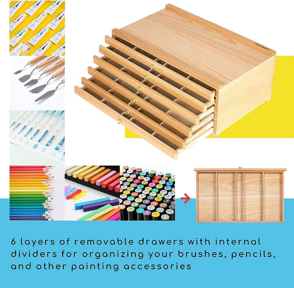 Falling In Art Wooden Pastel Storage Box With 6 Removable Drawers - Organizer For Pencils, Markers, Brushes