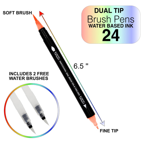 ColorIt Refillable Watercolor Brush Pens Set - 24 Colors with Flexible Real
